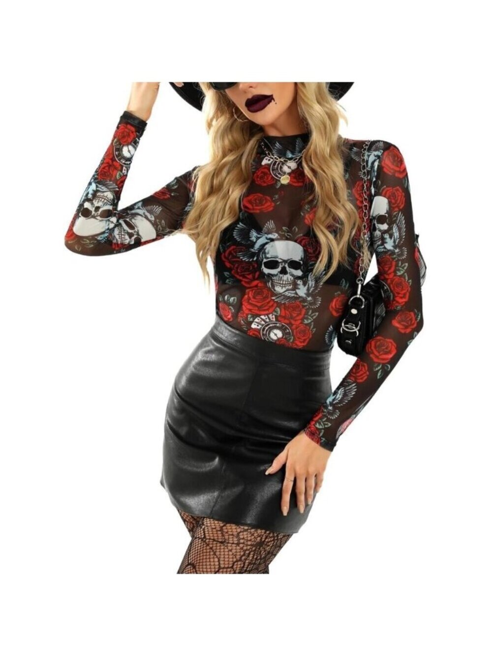 Women Skull Flower Long Sleeve Mock Neck Fitted Sexy See Through Mesh Tops